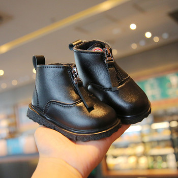 Κομψές μπροστινές μπότες με φερμουάρ Παιδικές βρεφικές κοντές μπότες για νήπια Νέα 2024 μαλακό δέρμα PU για κορίτσια Αγόρια Αντιολισθητικά βελούδινα χειμωνιάτικα μποτάκια