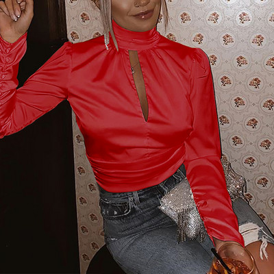 Seksi kratki top Jednobojne košulje bez leđa Ženske dolčevite s vezanjem i dugim rukavima Ženska bluza Proljetne ulične satenske košulje 2021.