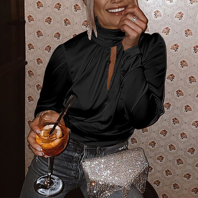 Seksi kratki top Jednobojne košulje bez leđa Ženske dolčevite s vezanjem i dugim rukavima Ženska bluza Proljetne ulične satenske košulje 2021.