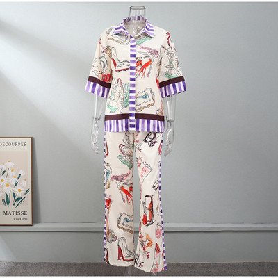 Ženska blagdanska košulja s printom Hlače Dvodijelni set s pola rukava na rever Majica s jednim kopčanjem i širokim hlačama Odijelo Žensko