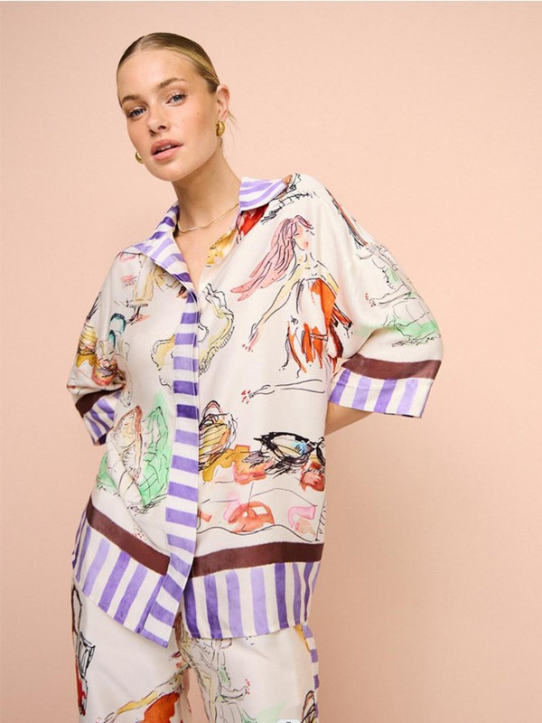 Ženska blagdanska košulja s printom Hlače Dvodijelni set s pola rukava na rever Majica s jednim kopčanjem i širokim hlačama Odijelo Žensko