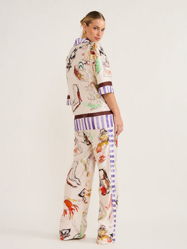 Ženska blagdanska košulja s printom Hlače Dvodijelni set s pola rukava na rever Majica s jednim kopčanjem i širokim hlačama Odijelo Žensko
