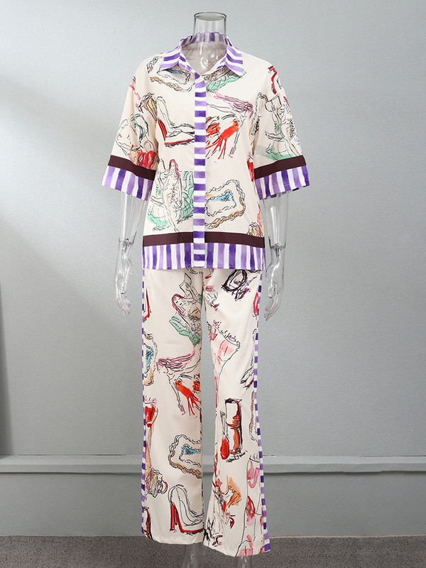 Ženska blagdanska košulja s printom Hlače Dvodijelni set s pola rukava na rever Majica s jednim kopčanjem i širokim hlačama Odijelo Žensko