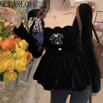 OCEANLOVE Fekete Blusas Mujer tömör négyzet nyakú Retro 2021 tavaszi női felsők és blúzok Bársony koreai ingek Elegáns 19491