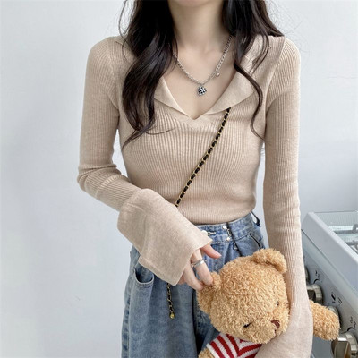 Čierne ležérne dámske tričko s golierom, tričká s dlhým rukávom, dámske topy, kórejské módne oblečenie, doprava zadarmo, streetwear