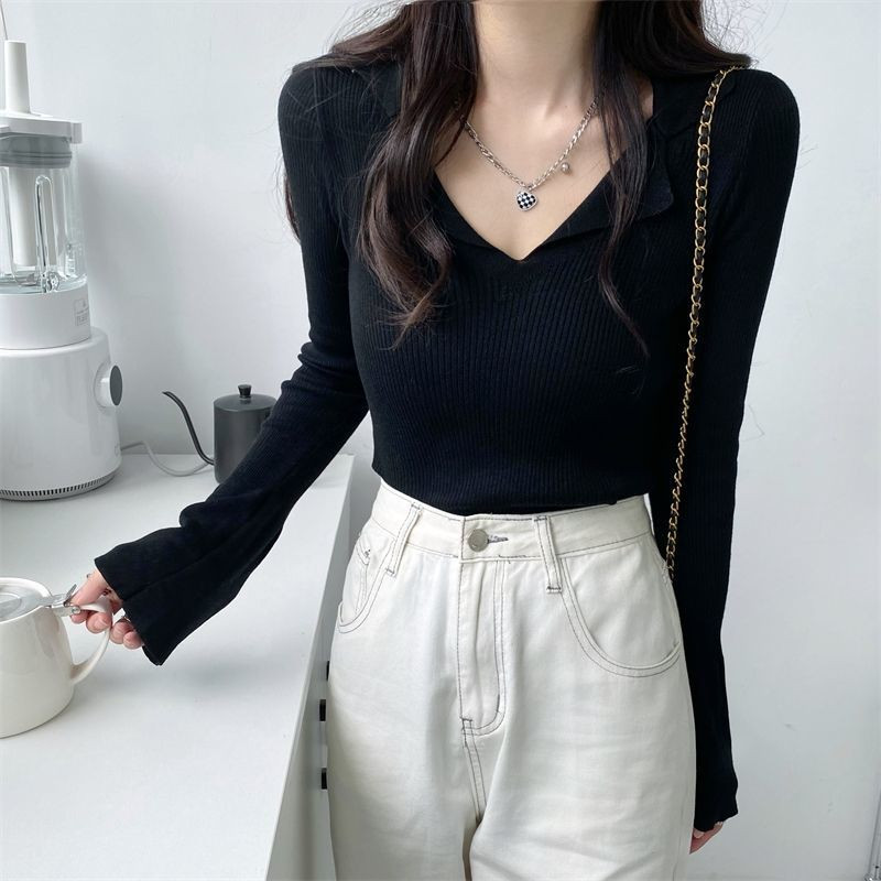 Čierne ležérne dámske tričko s golierom, tričká s dlhým rukávom, dámske topy, kórejské módne oblečenie, doprava zadarmo, streetwear