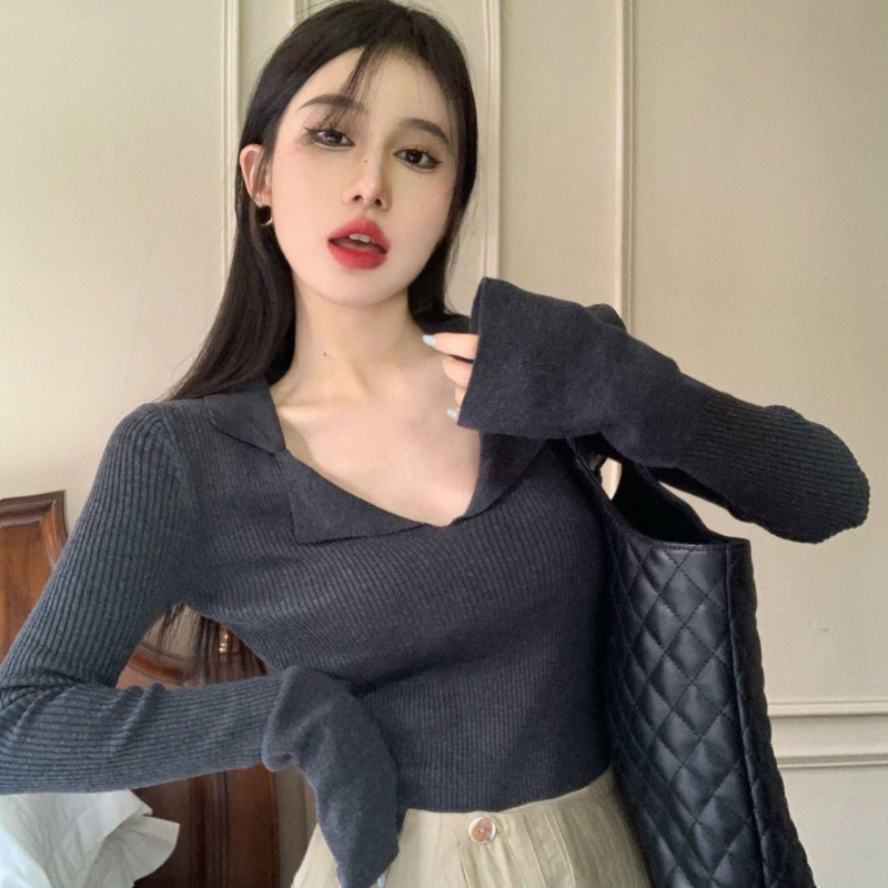 Čierne ležérne dámske tričko s golierom, tričká s dlhým rukávom, dámske topy, kórejské módne oblečenie, doprava zadarmo, streetwear