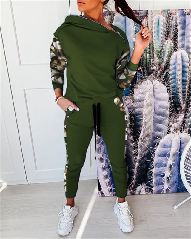 Ženski ležerni dvodijelni set Ženski patchwork dizajn s patentnim zatvaračem Kamuflažni komplet majica s kapuljačom i hlačama s printom Odjevne kombinacije Trenirka