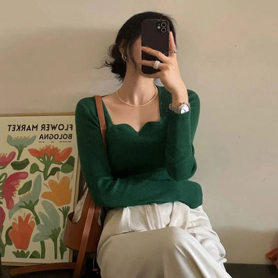 Pleteni puloveri Ženski vintage jednobojni džemperi Jesen Zima Korejski elegantno tanko pletivo Četvrtasti ovratnik Raznobojni džemperi Novo