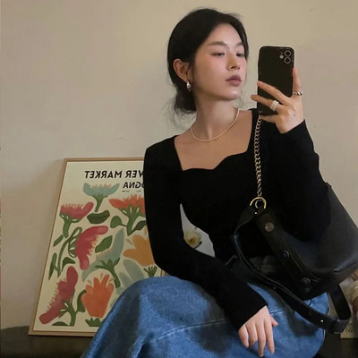 Pleteni puloveri Ženski vintage jednobojni džemperi Jesen Zima Korejski elegantno tanko pletivo Četvrtasti ovratnik Raznobojni džemperi Novo