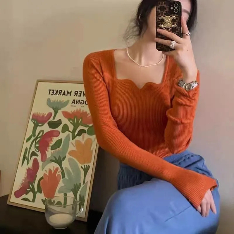 Pleteni puloveri Ženski vintage jednobojni džemperi Jesen Zima Korejski elegantno tanko pletivo Četvrtasti ovratnik Raznobojni džemperi Novo