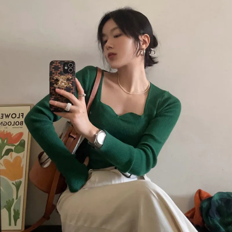 Pleteni puloveri Ženski vintage jednobojni džemperi Jesen Zima Korejski elegantno tanko pletivo Četvrtasti ovratnik Raznobojni džemperi Novo