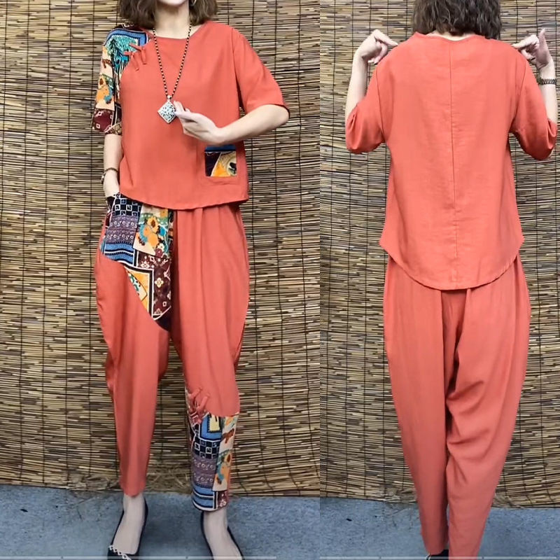 Naiste õhuke ülikond 2022. aasta suvi, uus vabaaja lühikeste varrukatega T-särk, Harlani kärbitud püksid, pluss moodne puuvillane linane 2 kaheosaline komplekt