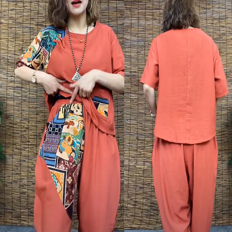 Naiste õhuke ülikond 2022. aasta suvi, uus vabaaja lühikeste varrukatega T-särk, Harlani kärbitud püksid, pluss moodne puuvillane linane 2 kaheosaline komplekt