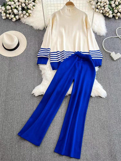 Dámsky pletený sveter s polovičným golierom, pruhovaným prešívaním, vysoký pás, rovný strih, široké nohavice, dvojdielna súprava