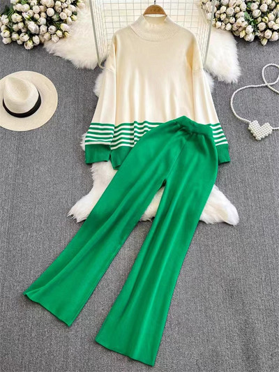 Dámsky pletený sveter s polovičným golierom, pruhovaným prešívaním, vysoký pás, rovný strih, široké nohavice, dvojdielna súprava