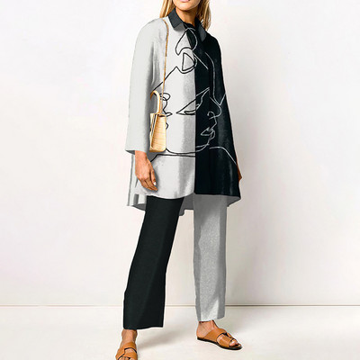 Γυναικεία Streetwear Loose ίσια ασορτί Σετ Γυναικεία ελαστική μέση Παντελόνι γραφείου Κοστούμι Vintage Εκτύπωση Γυριστός γιακάς Σετ δύο τεμαχίων