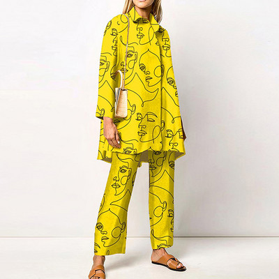 Γυναικεία Streetwear Loose ίσια ασορτί Σετ Γυναικεία ελαστική μέση Παντελόνι γραφείου Κοστούμι Vintage Εκτύπωση Γυριστός γιακάς Σετ δύο τεμαχίων