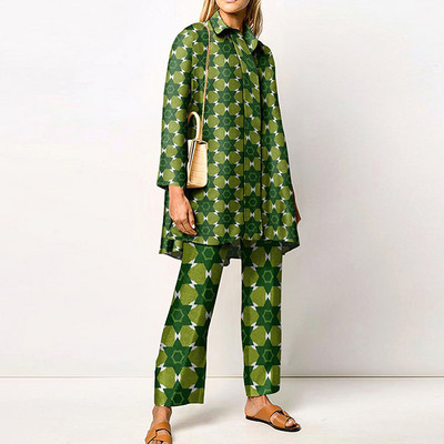 Γυναικεία Streetwear Loose ίσια ασορτί Σετ Γυναικεία ελαστική μέση Παντελόνι γραφείου Κοστούμι Vintage Εκτύπωση Γυριστός γιακάς Σετ δύο τεμαχίων