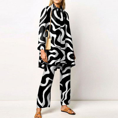 Γυναικεία Streetwear Loose ίσια ασορτί Σετ Γυναικεία ελαστική μέση Παντελόνι γραφείου Κοστούμι Vintage Εκτύπωση Γυριστός γιακάς Σετ δύο τεμαχίων