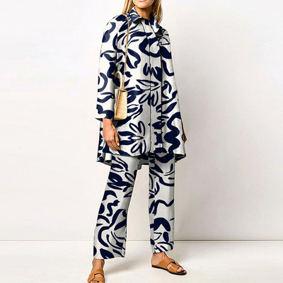 Γυναικεία Streetwear Loose ίσια ασορτί Σετ Γυναικεία ελαστική μέση Παντελόνι γραφείου Κοστούμι Vintage Εκτύπωση Γυριστός γιακάς Σετ δύο τεμαχίων