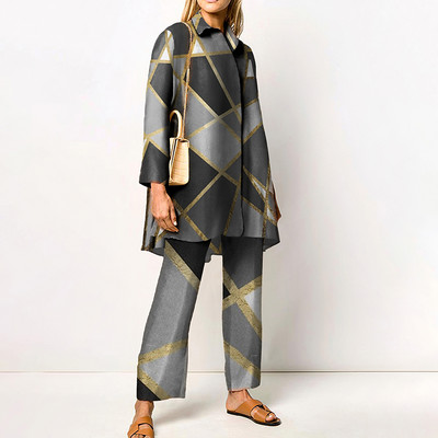 Γυναικεία Streetwear Loose ίσια ασορτί Σετ Γυναικεία ελαστική μέση Παντελόνι γραφείου Κοστούμι Vintage Εκτύπωση Γυριστός γιακάς Σετ δύο τεμαχίων