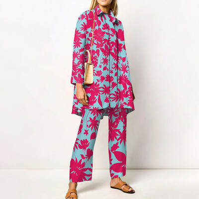 Γυναικεία Streetwear Loose ίσια ασορτί Σετ Γυναικεία ελαστική μέση Παντελόνι γραφείου Κοστούμι Vintage Εκτύπωση Γυριστός γιακάς Σετ δύο τεμαχίων