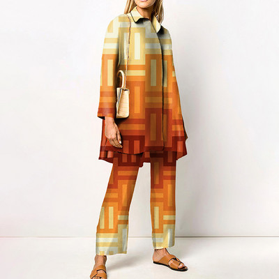 Γυναικεία Streetwear Loose ίσια ασορτί Σετ Γυναικεία ελαστική μέση Παντελόνι γραφείου Κοστούμι Vintage Εκτύπωση Γυριστός γιακάς Σετ δύο τεμαχίων