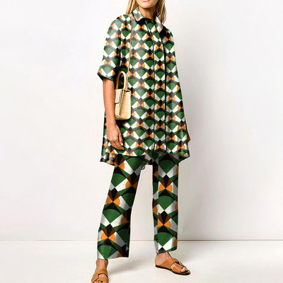 Γυναικεία Streetwear Loose ίσια ασορτί Σετ Γυναικεία ελαστική μέση Παντελόνι γραφείου Κοστούμι Vintage Εκτύπωση Γυριστός γιακάς Σετ δύο τεμαχίων