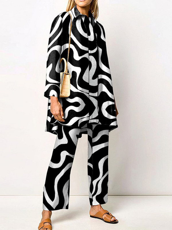 Γυναικεία Streetwear Loose ίσια ασορτί Σετ Γυναικεία ελαστική μέση Παντελόνι γραφείου Κοστούμι Vintage Εκτύπωση Γυριστός γιακάς Σετ δύο τεμαχίων