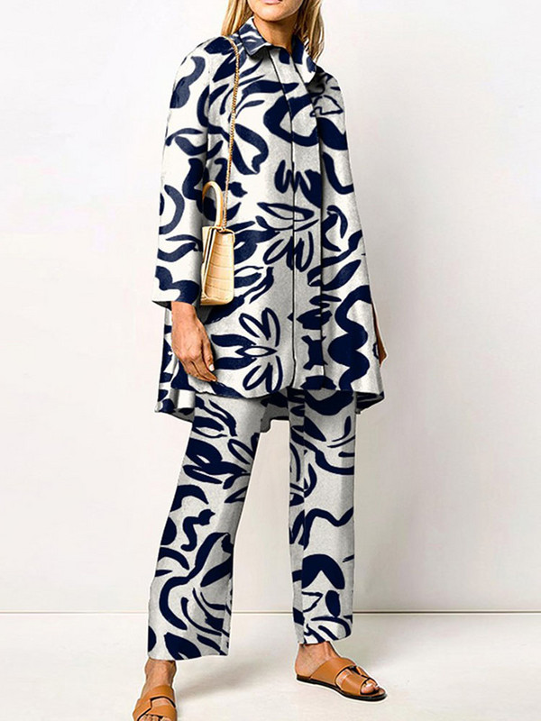 Γυναικεία Streetwear Loose ίσια ασορτί Σετ Γυναικεία ελαστική μέση Παντελόνι γραφείου Κοστούμι Vintage Εκτύπωση Γυριστός γιακάς Σετ δύο τεμαχίων