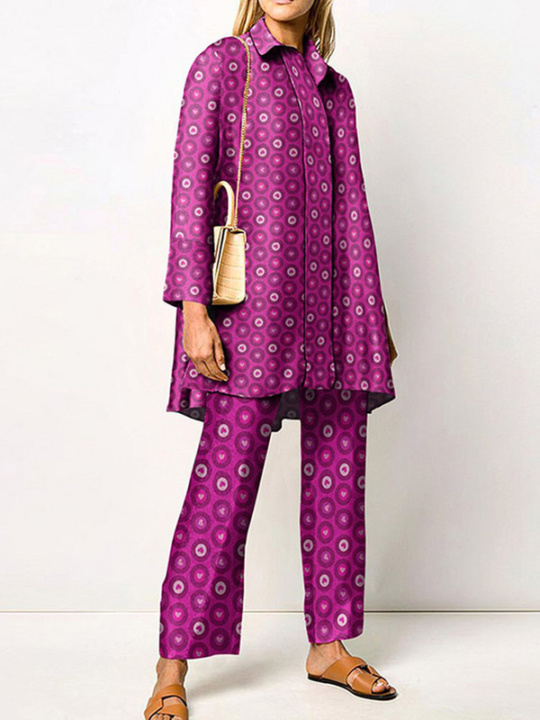 Γυναικεία Streetwear Loose ίσια ασορτί Σετ Γυναικεία ελαστική μέση Παντελόνι γραφείου Κοστούμι Vintage Εκτύπωση Γυριστός γιακάς Σετ δύο τεμαχίων