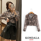 KONDALA Cămașă de damă Za cu imprimeu floral, cu decolteu în V, vintage, bluză scurtă, elegantă, șifon, cămăși cu mânecă lungă, Topuri pentru femeie Eleagnt