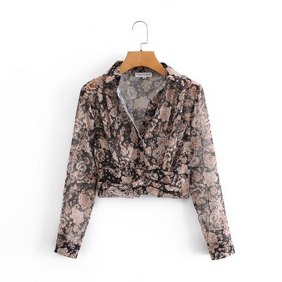 KONDALA Cămașă de damă Za cu imprimeu floral, cu decolteu în V, vintage, bluză scurtă, elegantă, șifon, cămăși cu mânecă lungă, Topuri pentru femeie Eleagnt