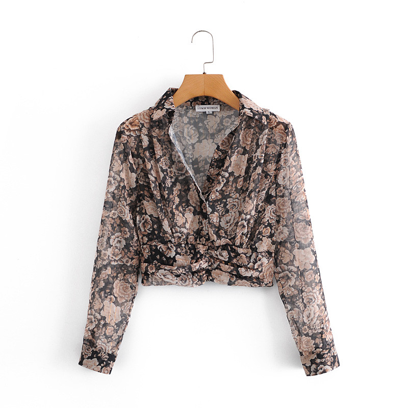 KONDALA Cămașă de damă Za cu imprimeu floral, cu decolteu în V, vintage, bluză scurtă, elegantă, șifon, cămăși cu mânecă lungă, Topuri pentru femeie Eleagnt