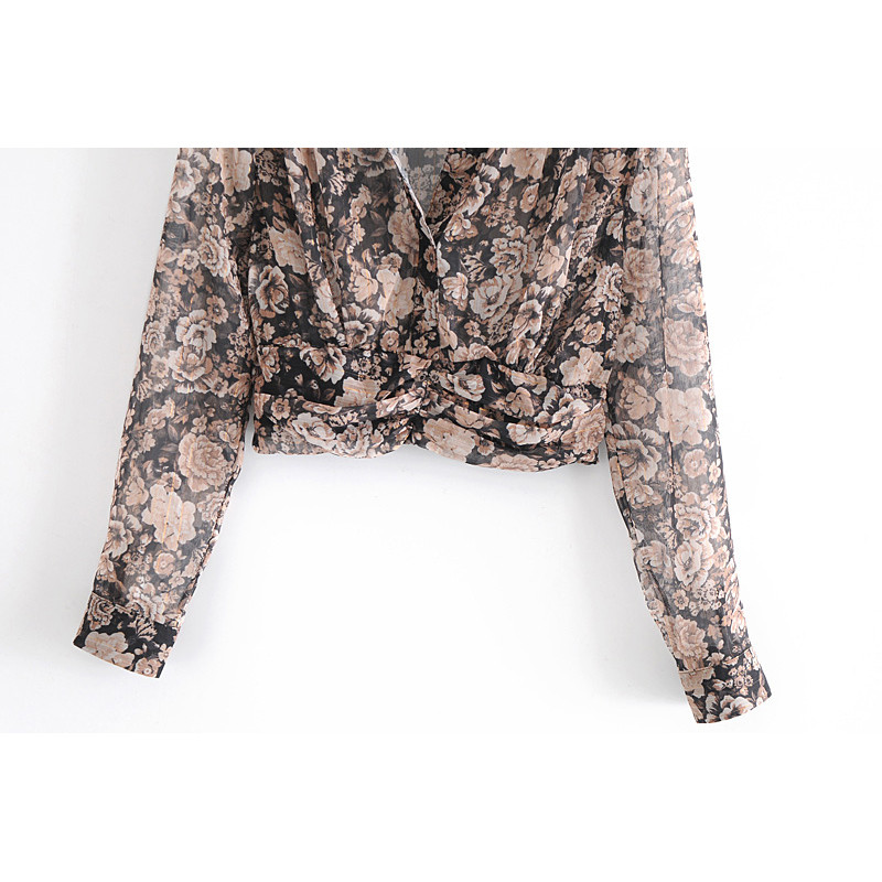 KONDALA Cămașă de damă Za cu imprimeu floral, cu decolteu în V, vintage, bluză scurtă, elegantă, șifon, cămăși cu mânecă lungă, Topuri pentru femeie Eleagnt