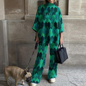 2 tk/komplekt Retromustriline naiste ülikond, prinditud kostüümid, mood, poolkõrge krae, vaba mugavad spordirõivad igapäevaseks kandmiseks