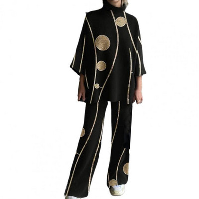 2 tk/komplekt Retromustriline naiste ülikond, prinditud kostüümid, mood, poolkõrge krae, vaba mugavad spordirõivad igapäevaseks kandmiseks