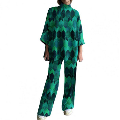 2 tk/komplekt Retromustriline naiste ülikond, prinditud kostüümid, mood, poolkõrge krae, vaba mugavad spordirõivad igapäevaseks kandmiseks