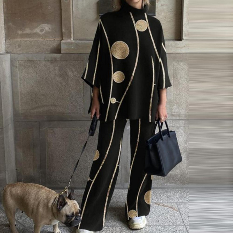 2 tk/komplekt Retromustriline naiste ülikond, prinditud kostüümid, mood, poolkõrge krae, vaba mugavad spordirõivad igapäevaseks kandmiseks