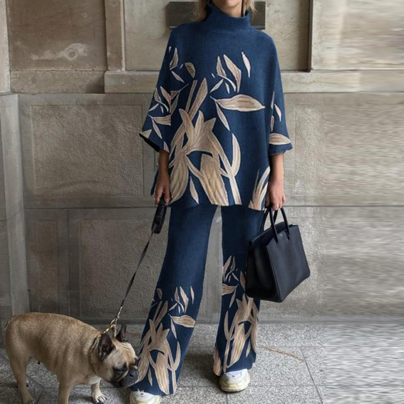 2 tk/komplekt Retromustriline naiste ülikond, prinditud kostüümid, mood, poolkõrge krae, vaba mugavad spordirõivad igapäevaseks kandmiseks