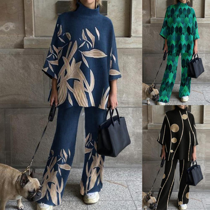 2 tk/komplekt Retromustriline naiste ülikond, prinditud kostüümid, mood, poolkõrge krae, vaba mugavad spordirõivad igapäevaseks kandmiseks