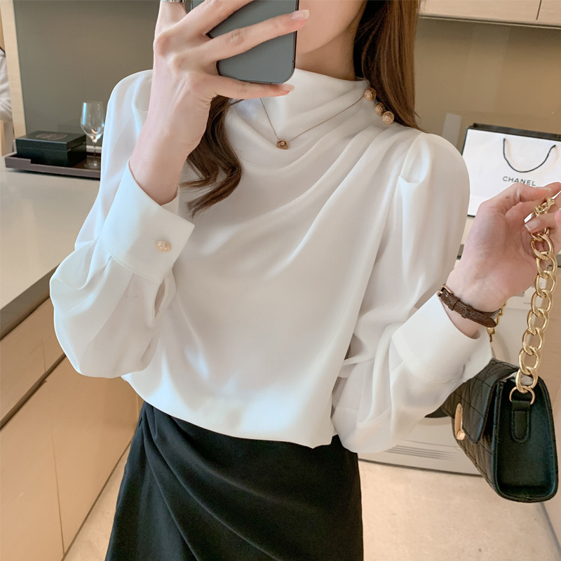 Svilene košulje Proljeće Žene Puf Bluza s dugim rukavima Uredske dame Satenske Svilene majice Ženske Basic Bottoments 2021 Jesen T11001X
