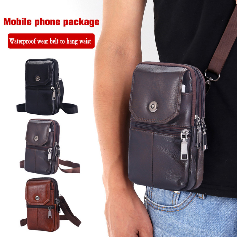Pánska viacvrstvová hovädzia kožená pásová taška na zips, cestovné puzdro na telefón