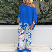 Dámske sexi blúzky s potlačou odhalených ramien, dvojdielny set, dámsky ležérny jesenný šifónový pulóver + nohavice so širokými nohavicami