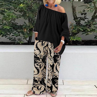 Dámske sexi blúzky s potlačou odhalených ramien, dvojdielny set, dámsky ležérny jesenný šifónový pulóver + nohavice so širokými nohavicami