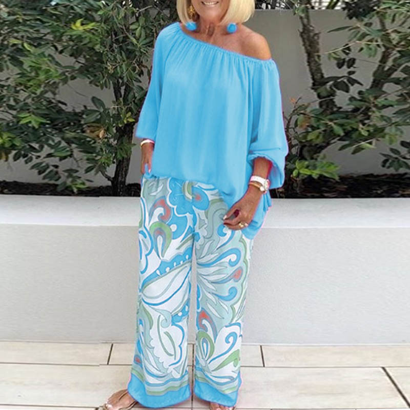 Dámske sexi blúzky s potlačou odhalených ramien, dvojdielny set, dámsky ležérny jesenný šifónový pulóver + nohavice so širokými nohavicami