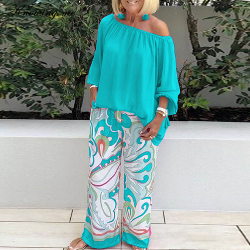 Dámske sexi blúzky s potlačou odhalených ramien, dvojdielny set, dámsky ležérny jesenný šifónový pulóver + nohavice so širokými nohavicami