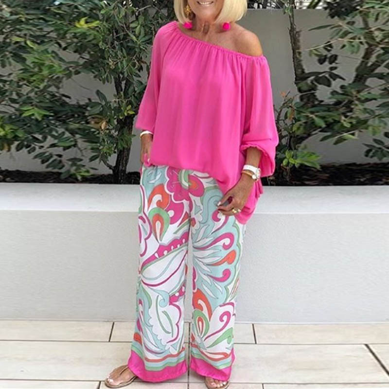 Dámske sexi blúzky s potlačou odhalených ramien, dvojdielny set, dámsky ležérny jesenný šifónový pulóver + nohavice so širokými nohavicami