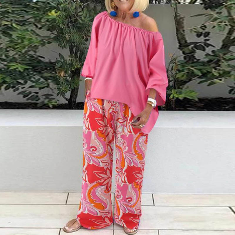 Dámske sexi blúzky s potlačou odhalených ramien, dvojdielny set, dámsky ležérny jesenný šifónový pulóver + nohavice so širokými nohavicami